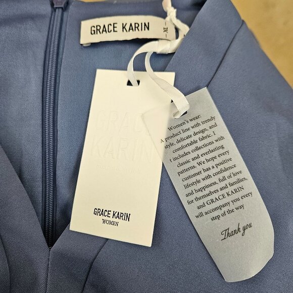 Grace Karin Womens XL Blue Midi Dress Tie Waist & V-Neck Stylish Slit Elegant - Picture 11 of 12